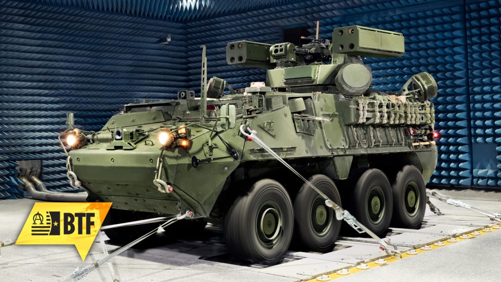 A SGT STOUT mobile short-range air defense vehicle undergoes electromagnetic interference testing at Aberdeen Test Center.